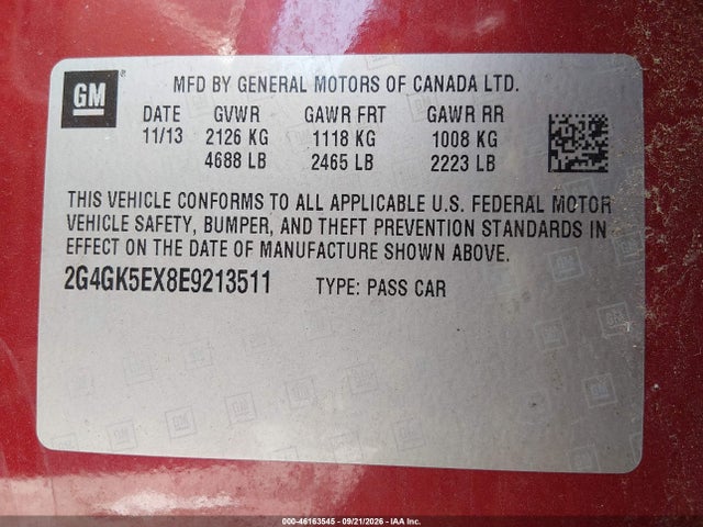 46163545 :رقم المزاد ، 2G4GK5EX8E9213511 vin ، 2014 Buick Regal Turbo مزاد بيع