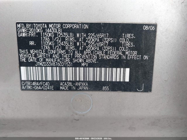Aukcja sprzedaży 2007 Toyota Rav4, vin: JTMZD33V876021531, numer aukcji: 46163566