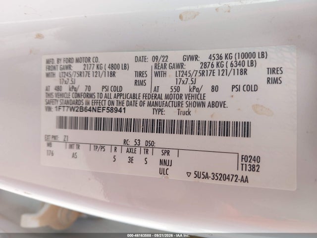 46163588 :رقم المزاد ، 1FT7W2B64NEF58941 vin ، 2022 Ford F-250 Xl مزاد بيع