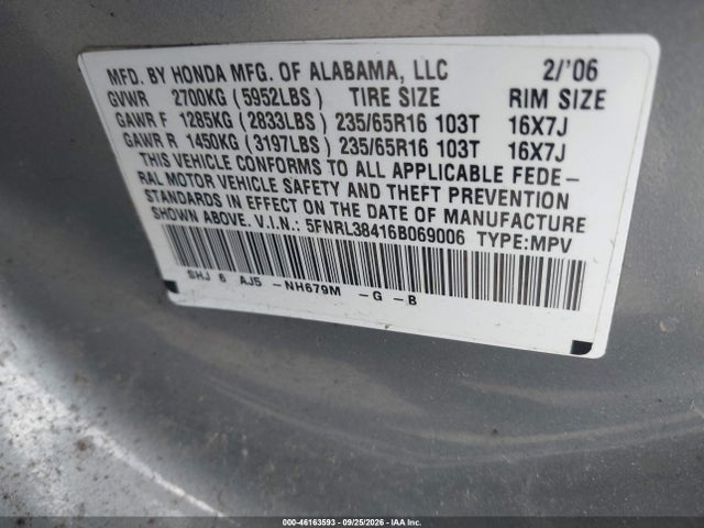 Продажа на аукционе авто 2006 Honda Odyssey Ex, vin: 5FNRL38416B069006, номер лота: 46163593