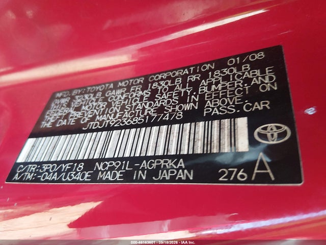 46163601 :رقم المزاد ، JTDJT923685177478 vin ، 2008 Toyota Yaris S مزاد بيع
