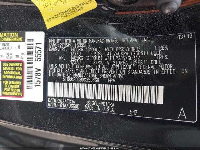 46163602 :رقم المزاد ، 5TDKK3DC9DS350660 vin ، 2013 Toyota Sienna Le V6 8 Passenger مزاد بيع