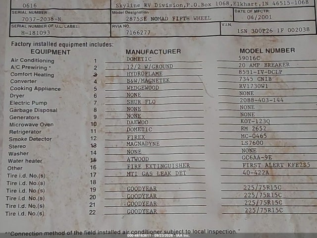 Продажа на аукционе авто 2001 Skyline Other, vin: 1SN300P261F002038, номер лота: 46163611