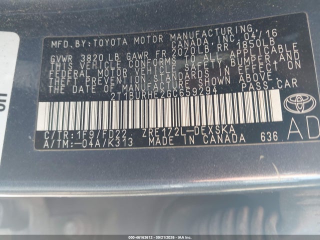 46163612 :رقم المزاد ، 2T1BURHE2GC659294 vin ، 2016 Toyota Corolla S Plus مزاد بيع