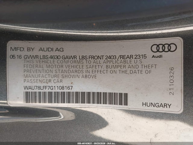2016 Audi A3 2.0t Premium მანქანა იყიდება აუქციონზე, vin: WAU78LFF7G1108167, აუქციონის ნომერი: 46163621