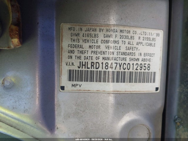 Aukcja sprzedaży 2000 Honda Cr-v Lx, vin: JHLRD1847YC012958, numer aukcji: 46163625