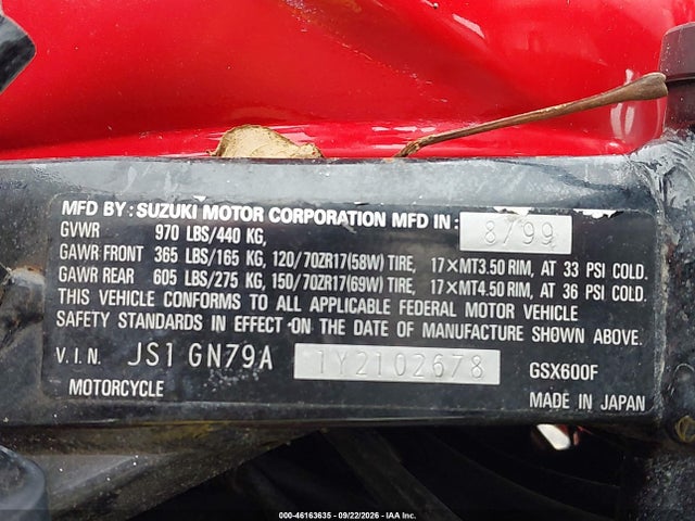 Продажа на аукционе авто 2000 Suzuki Gsx600 F, vin: JS1GN79A1Y2102678, номер лота: 46163635