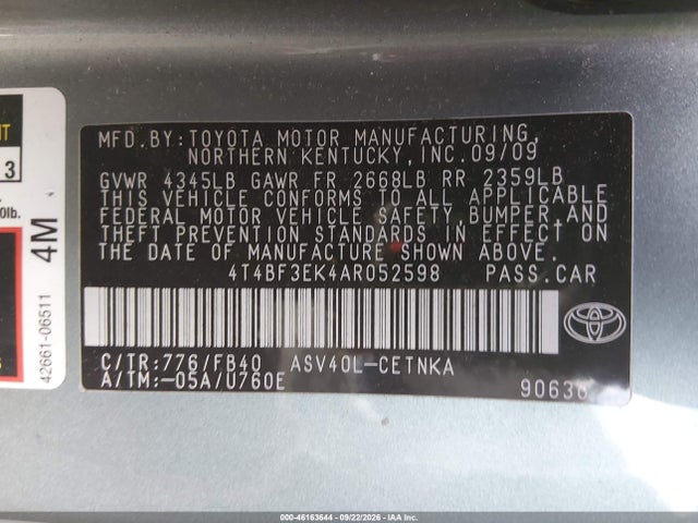 2010 Toyota Camry Le მანქანა იყიდება აუქციონზე, vin: 4T4BF3EK4AR052598, აუქციონის ნომერი: 46163644