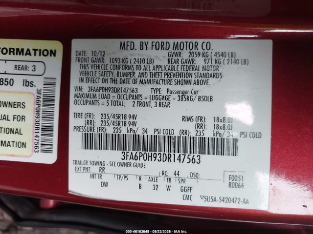 Продаж на аукціоні авто 2013 Ford Fusion Se, vin: 3FA6P0H93DR147563, номер лоту: 46163649