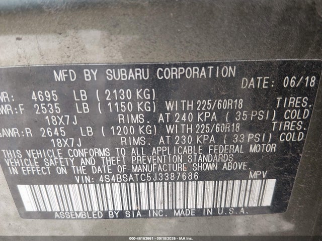 Aukcja sprzedaży 2018 Subaru Outback 2.5i Touring, vin: 4S4BSATC5J3387686, numer aukcji: 46163661