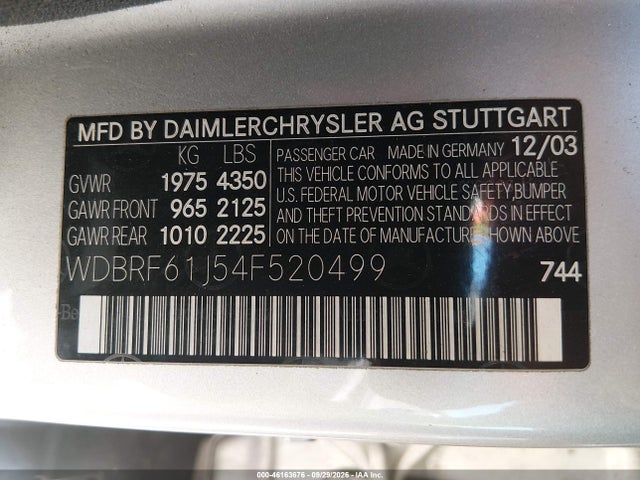 Aukcja sprzedaży 2004 Mercedes-benz C 240, vin: WDBRF61J54F520499, numer aukcji: 46163676
