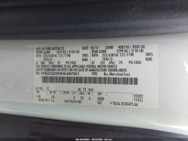 Продаж на аукціоні авто 2017 Ford Transit-350 Xlt, vin: 1FBZX2ZM3HKA87501, номер лоту: 46163683