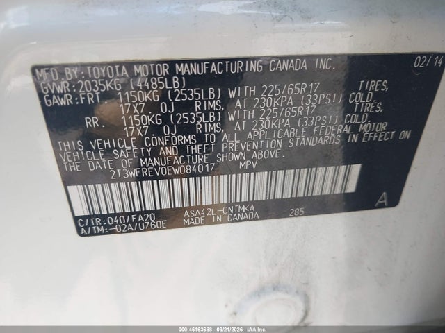 Aukcja sprzedaży 2014 Toyota Rav4 Xle, vin: 2T3WFREV0EW084017, numer aukcji: 46163688