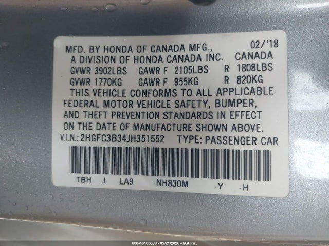 46163689 :رقم المزاد ، 2HGFC3B34JH351552 vin ، 2018 Honda Civic Ex-t مزاد بيع