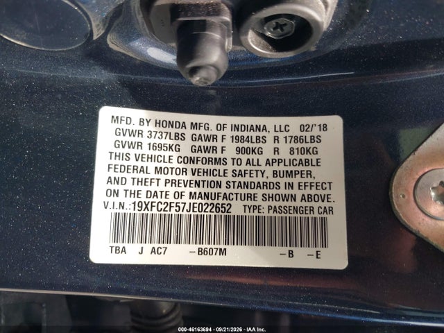Aukcja sprzedaży 2018 Honda Civic Lx, vin: 19XFC2F57JE022652, numer aukcji: 46163694