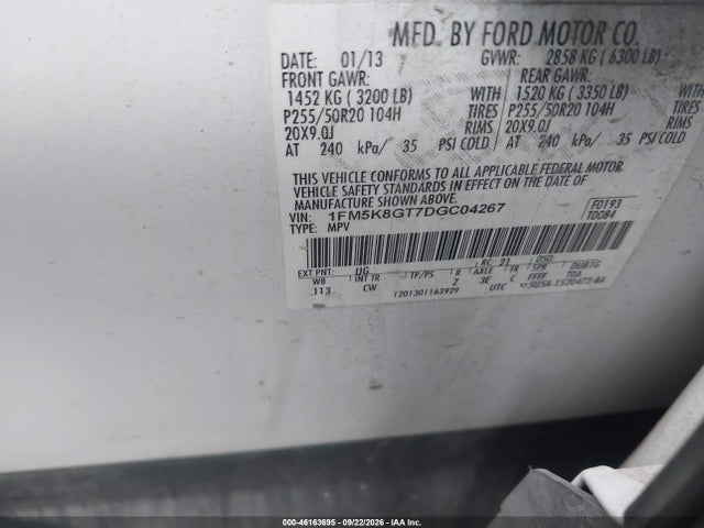 46163695 :رقم المزاد ، 1FM5K8GT7DGC04267 vin ، 2013 Ford Explorer Sport مزاد بيع