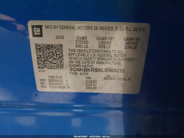 46163697 :رقم المزاد ، 3GNKBKRSXLS569235 vin ، 2020 Chevrolet Blazer Awd Rs مزاد بيع