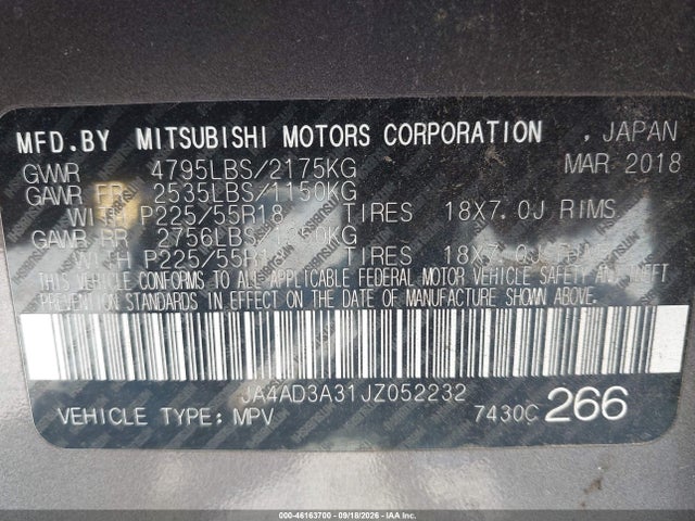 2018 Mitsubishi Outlander Sel მანქანა იყიდება აუქციონზე, vin: JA4AD3A31JZ052232, აუქციონის ნომერი: 46163700