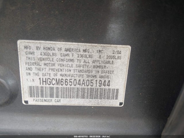 2004 Honda Accord 3.0 Ex მანქანა იყიდება აუქციონზე, vin: 1HGCM66504A051944, აუქციონის ნომერი: 46163703
