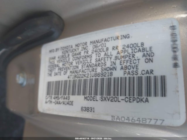 46163716 :رقم المزاد ، 4T1BG22K21U869218 vin ، 2001 Toyota Camry Ce مزاد بيع