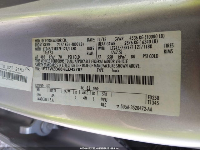 46163722 :رقم المزاد ، 1FT7W2B68KED43767 vin ، 2019 Ford F-250 Xl مزاد بيع