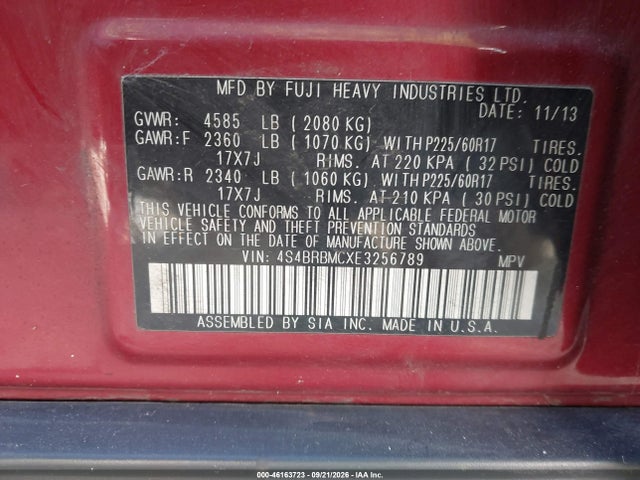 46163723 :رقم المزاد ، 4S4BRBMCXE3256789 vin ، 2014 Subaru Outback 2.5i Limited مزاد بيع