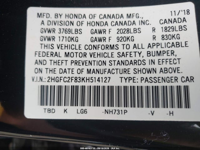 Продаж на аукціоні авто 2019 Honda Civic Sport, vin: 2HGFC2F83KH514127, номер лоту: 46163730