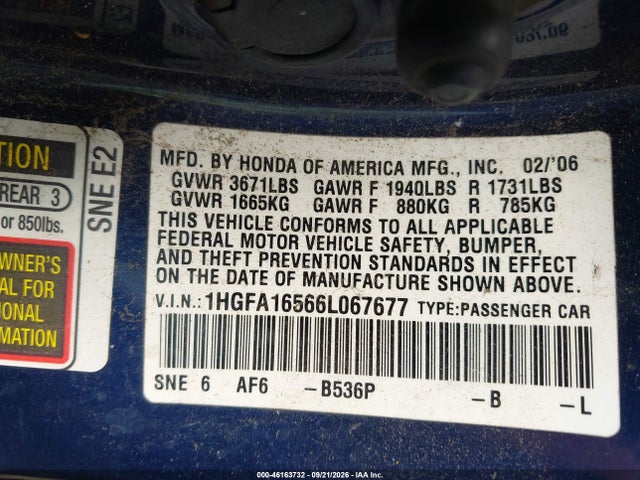 46163732 :رقم المزاد ، 1HGFA16566L067677 vin ، 2006 Honda Civic Lx مزاد بيع