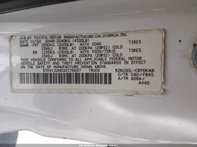 Aukcja sprzedaży 2003 Toyota Tacoma, vin: 5TEVL52N03Z176697, numer aukcji: 46163735