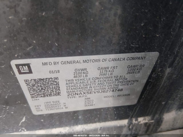 46163751 :رقم المزاد ، 2GNAXSEV9J6274748 vin ، 2018 Chevrolet Equinox Lt مزاد بيع