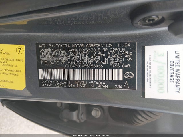 2005 Lexus Es 330 მანქანა იყიდება აუქციონზე, vin: JTHBA30G455088466, აუქციონის ნომერი: 46163764