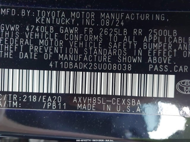 Продаж на аукціоні авто 2025 Toyota Camry Se, vin: 4T1DBADK2SU008038, номер лоту: 46163774