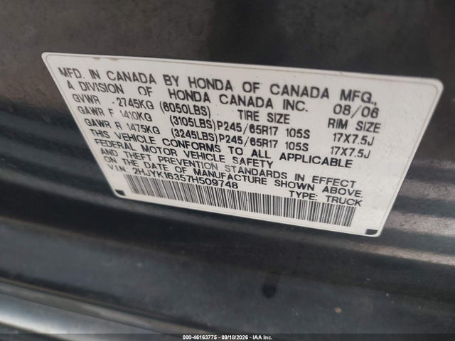 2007 Honda Ridgeline Rtx მანქანა იყიდება აუქციონზე, vin: 2HJYK16357H509748, აუქციონის ნომერი: 46163775