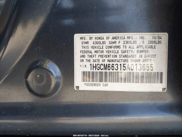 46163776 :رقم المزاد ، 1HGCM66315A013655 vin ، 2005 Honda Accord 3.0 Lx مزاد بيع