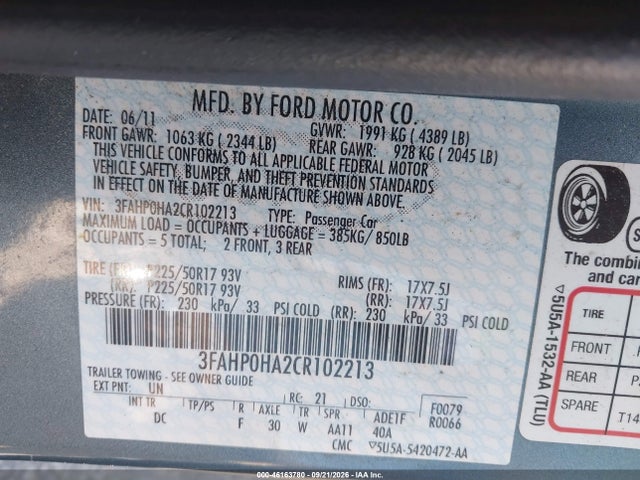 46163780 :رقم المزاد ، 3FAHP0HA2CR102213 vin ، 2012 Ford Fusion Se مزاد بيع