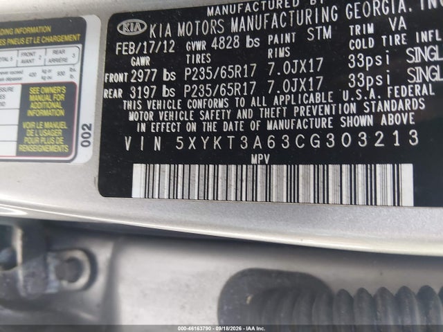 Aukcja sprzedaży 2012 Kia Sorento Lx, vin: 5XYKT3A63CG303213, numer aukcji: 46163790