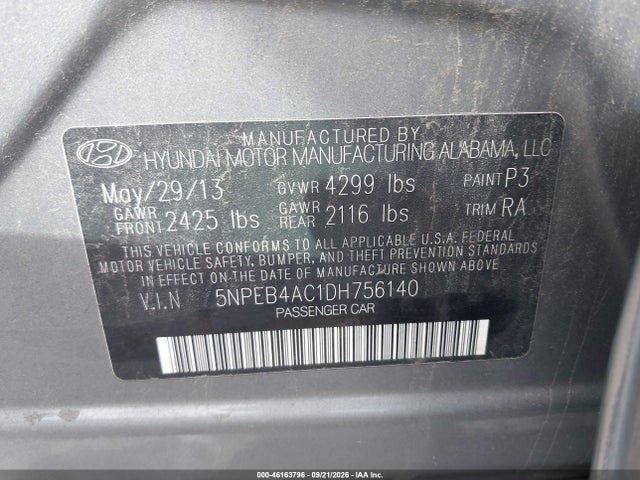Aukcja sprzedaży 2013 Hyundai Sonata Gls, vin: 5NPEB4AC1DH756140, numer aukcji: 46163796