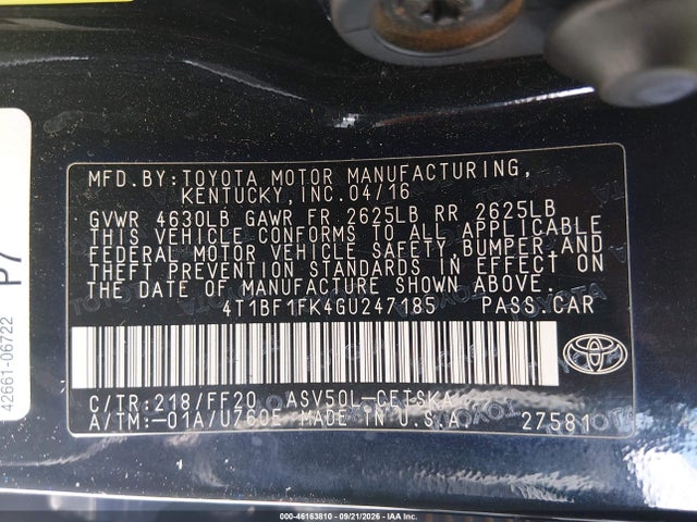 46163810 :رقم المزاد ، 4T1BF1FK4GU247185 vin ، 2016 Toyota Camry Se مزاد بيع