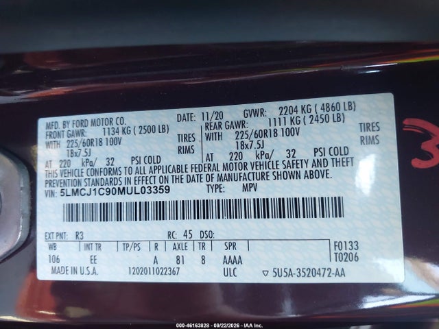 Aukcja sprzedaży 2021 Lincoln Corsair Standard, vin: 5LMCJ1C90MUL03359, numer aukcji: 46163828