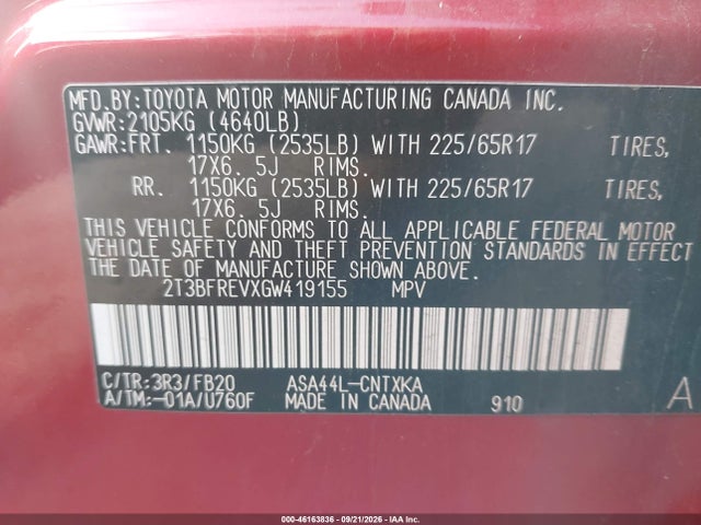 46163836 :رقم المزاد ، 2T3BFREVXGW419155 vin ، 2016 Toyota Rav4 Le مزاد بيع