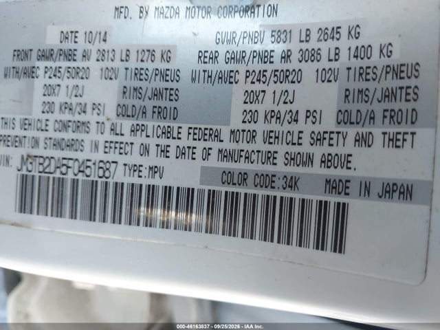 46163837 :رقم المزاد ، JM3TB2DA5F0451687 vin ، 2015 Mazda Cx-9 Grand Touring مزاد بيع