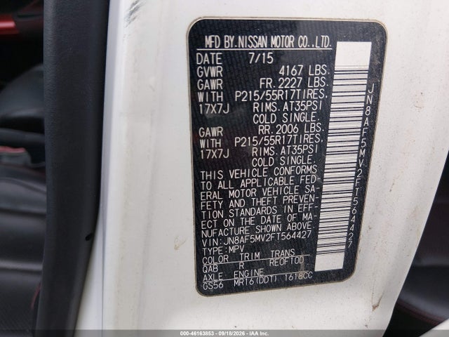 46163853 :رقم المزاد ، JN8AF5MV2FT564427 vin ، 2015 Nissan Juke Sl مزاد بيع