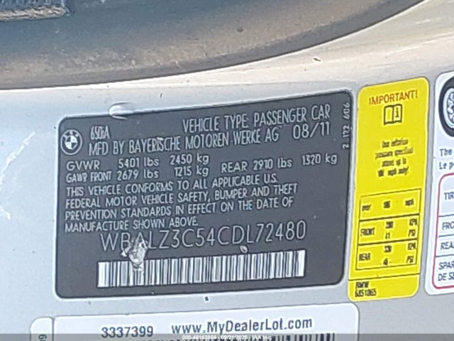 Продажа на аукционе авто 2012 Bmw 650i, vin: WBALZ3C54CDL72480, номер лота: 46163856