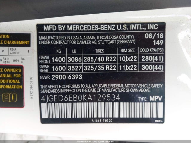 46163857 :رقم المزاد ، 4JGED6EB0KA129534 vin ، 2019 Mercedes-benz Amg Gle 43 Coupe 4matic مزاد بيع