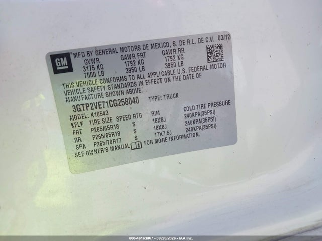Продаж на аукціоні авто 2012 Gmc Sierra 1500 Sle, vin: 3GTP2VE71CG258040, номер лоту: 46163867