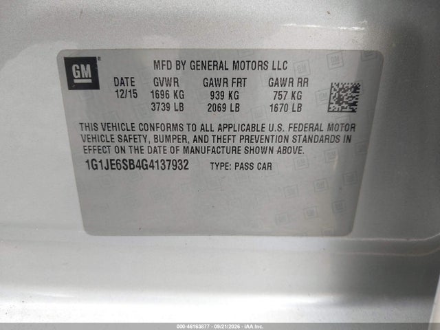 2016 Chevrolet Sonic Ltz Auto მანქანა იყიდება აუქციონზე, vin: 1G1JE6SB4G4137932, აუქციონის ნომერი: 46163877