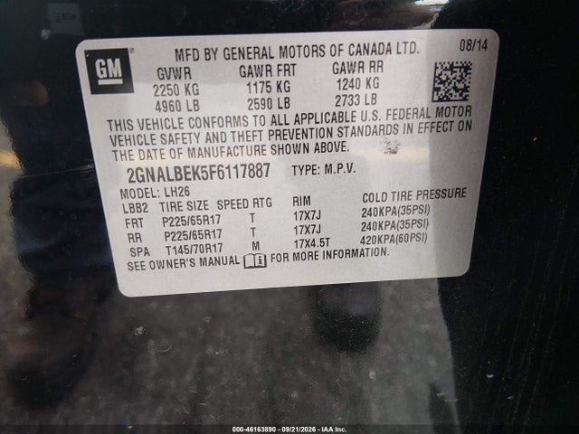 Auction sale of the 2015 Chevrolet Equinox Lt, vin: 2GNALBEK5F6117887, lot number: 46163890