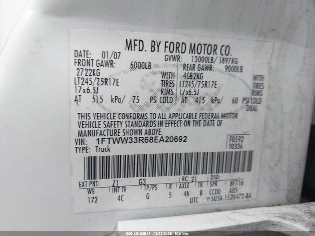46163911 :رقم المزاد ، 1FTWW33R68EA20692 vin ، 2008 Ford F-350 Lariat مزاد بيع