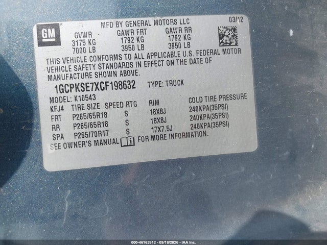 2012 Chevrolet Silverado 1500 Lt მანქანა იყიდება აუქციონზე, vin: 1GCPKSE7XCF198632, აუქციონის ნომერი: 46163912