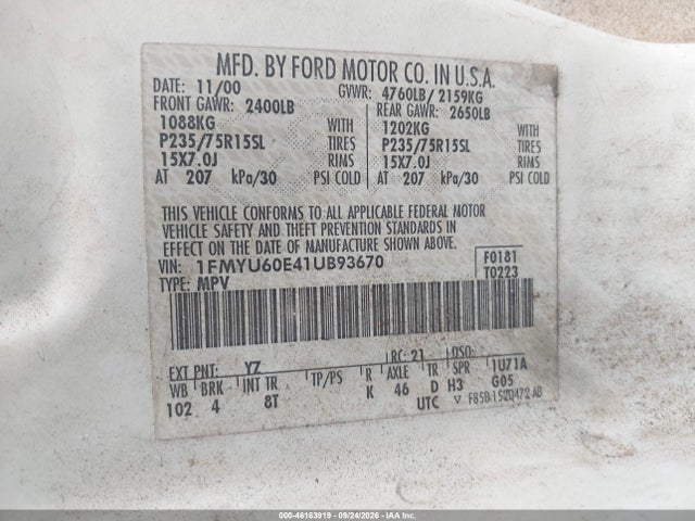 Aukcja sprzedaży 2001 Ford Explorer Sport, vin: 1FMYU60E41UB93670, numer aukcji: 46163919